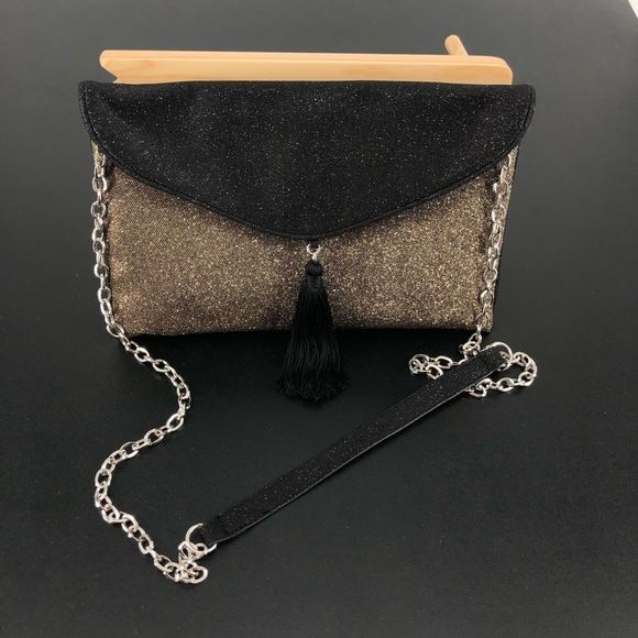 MNG Mango Shimmery Gold Black Envelope Tassel Convertible Clutch - Picture 1 of 14